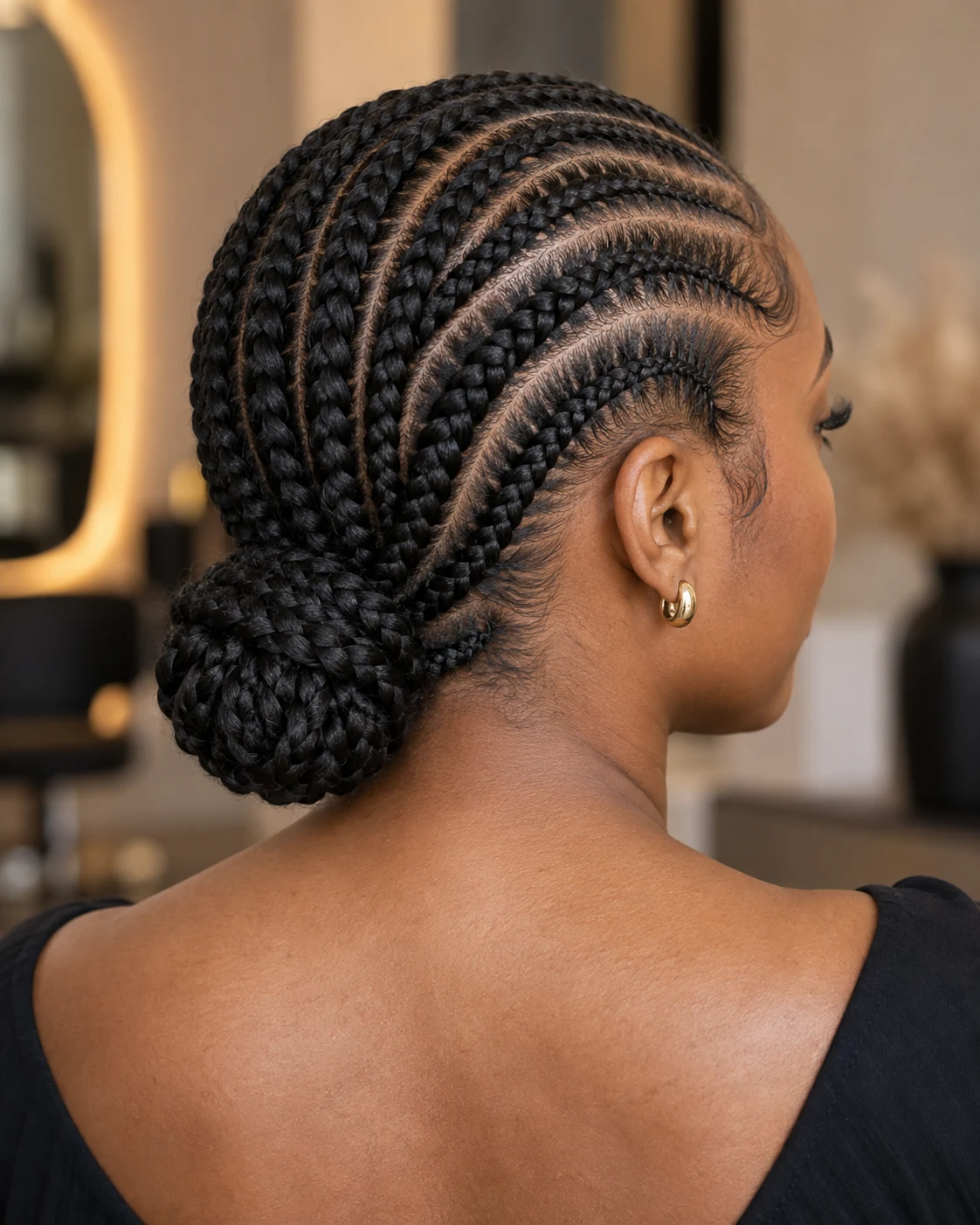Finished curved cornrows gathered into a low braided bun