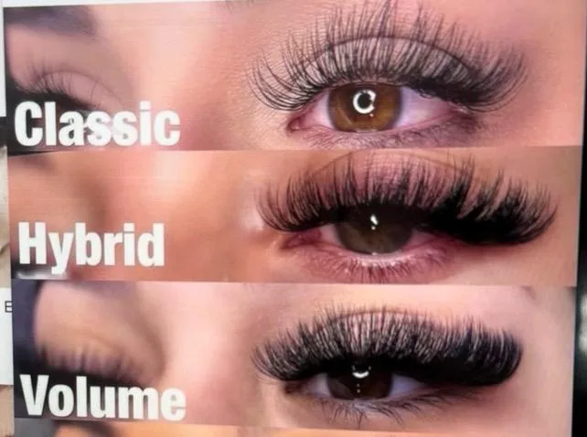 Lash extension style guide comparing classic, hybrid, and volume sets