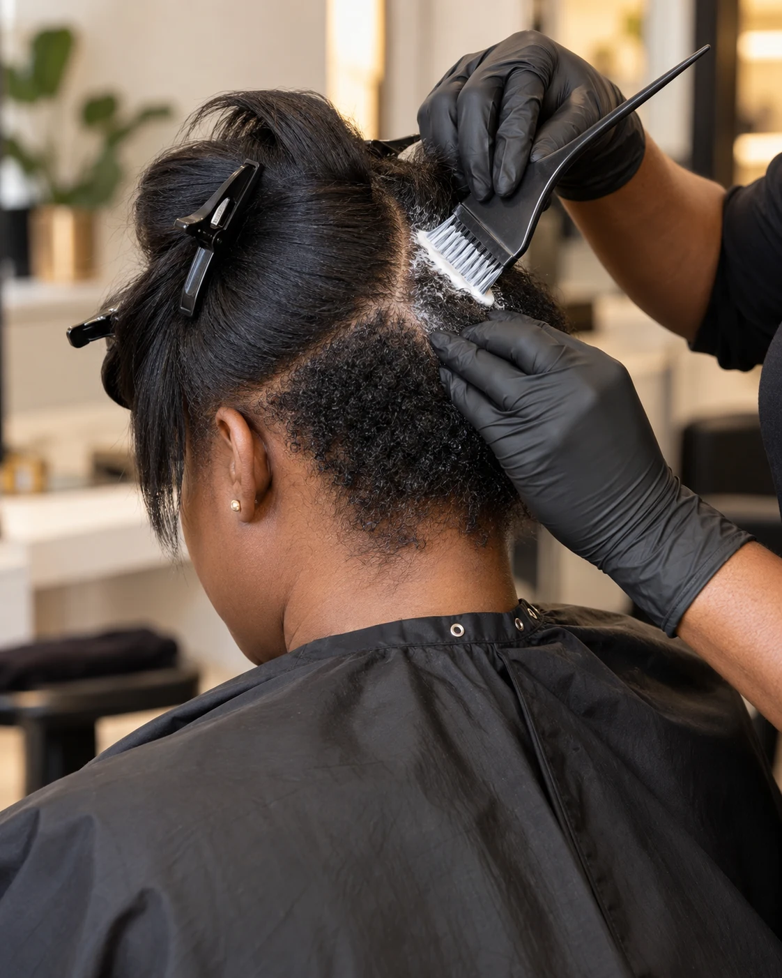 Professional relaxer retouch being applied carefully to new growth