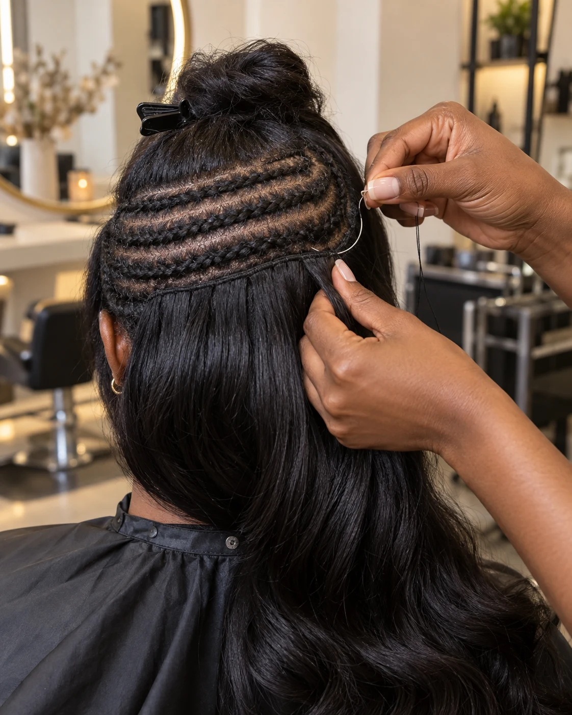 Sew-in hair extensions being stitched onto a neat cornrow foundation