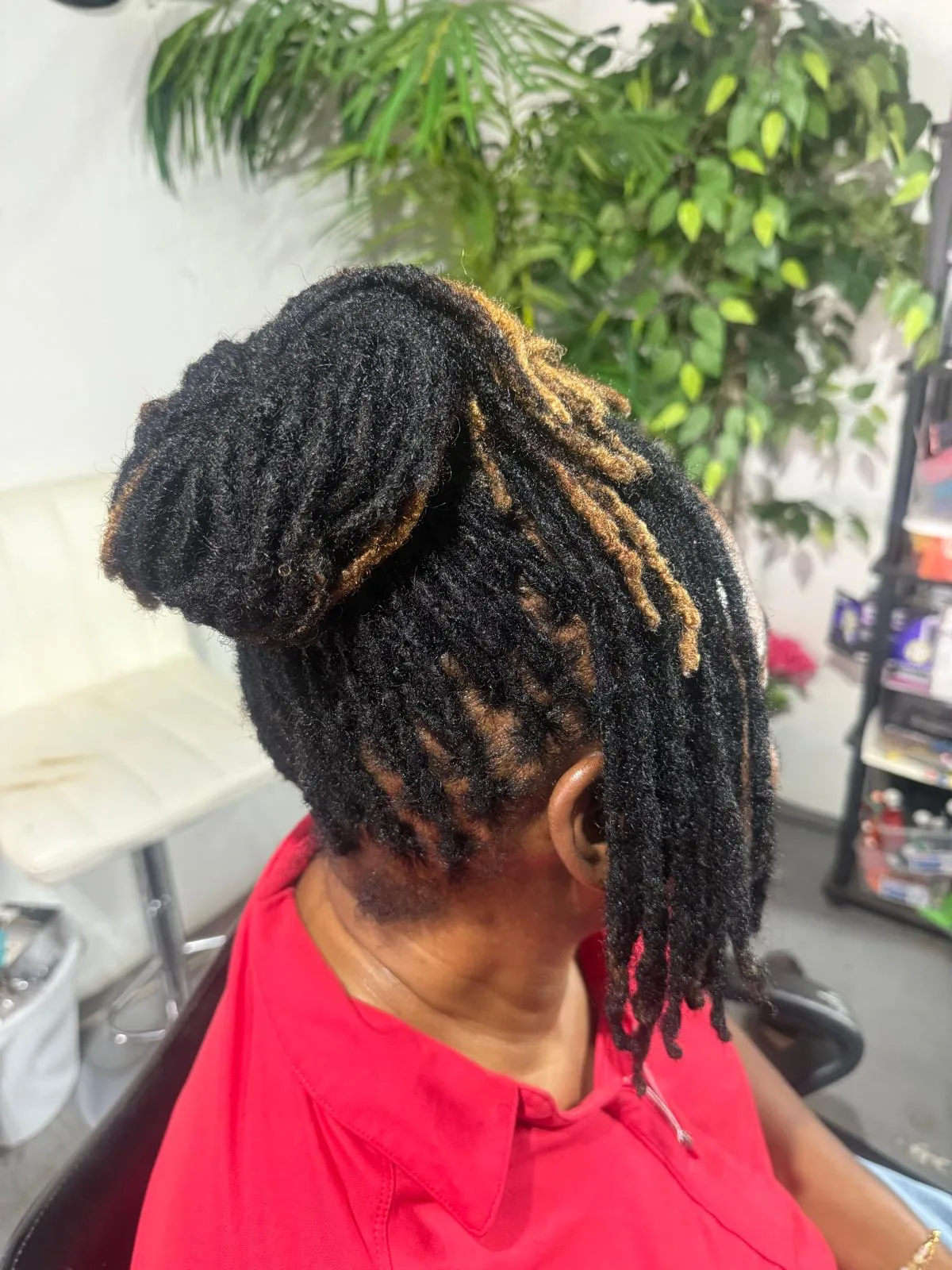Finished locs styled in two-strand twists and shown from the back