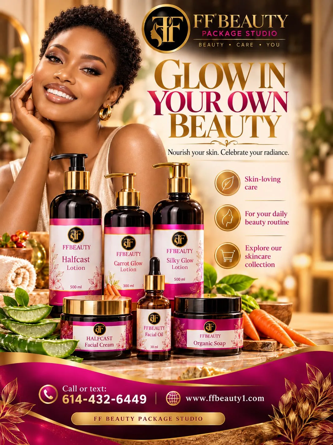 FF Beauty skincare range: Halfcast, Carrot Glow and Silky Glow lotions, facial cream, facial oil and organic soap