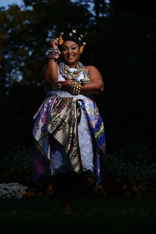 Traditional ceremony attire, full look, outdoor portrait